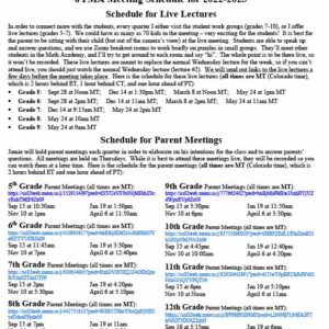 Parent Meeting Schedule and LIve Lectures